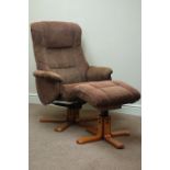 Swivel reclining armchair and matching stool upholstered in brown fabric Condition Report