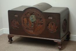 20th century Oriental camphor wood lined blanket box, carved detail, W111cm, H75cm,