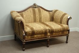 Italian style carved walnut and gilt two seat settee (W165cm), and pair matching armchairs (W105cm),