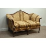 Italian style carved walnut and gilt two seat settee (W165cm), and pair matching armchairs (W105cm),