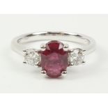 Oval ruby and brilliant cut diamond white gold ring hallmarked 18ct (ruby approx 2 carats)