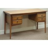 Mid 20th century vintage retro oak knee hole desk with four drawers, W127cm, H74cm,