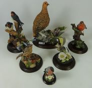 Country Artists 'Red Grouse' H25cm and five other Country Artists bird sculptures on plinths (6)