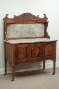 Edwardian walnut washstand with marble top and back, W107cm, H133cm,