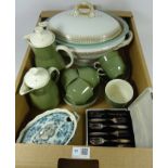 Wedgwood 'Eturia' Moss Green teaware, large Royal Worcester tureen with matching ladle,