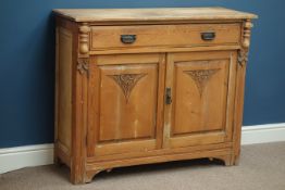 Victorian pine chiffonier single drawer with double cupboard below, carved detail, W107cm, H89cm,