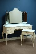 Cream and gilt dressing table with triple mirror back (W122cm, H146cm, D48cm),