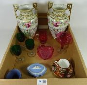 Pair of Noritake hand painted vases, cranberry glass,