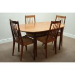 Set four Danish style teak dining chairs with rush seats and a 'Meredew' teak extending dining