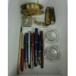 Parker and other pens, buttons with enamelled horse decoration, brass WWI model tank,