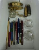 Parker and other pens, buttons with enamelled horse decoration, brass WWI model tank,