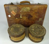 Leather suitcase and two African carved stools (3) Condition Report <a