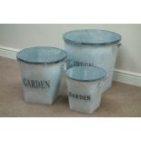 Three graduating metal 'Garden' buckets/planters