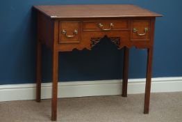 Early 19th century oak three drawer lowboy, shaped fret work apron, W79cm, H71cm,