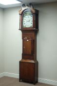 Early 19th century oak and mahogany banded longcase clock, carved fan pediment, eight day movement,