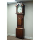 Early 19th century oak and mahogany banded longcase clock, carved fan pediment, eight day movement,