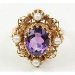 Amethyst and seed pearl ring hallmarked 18ct Condition Report <a href='//www.