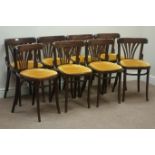 Set eight mid to late 20th century bentwood stained beech chairs, curved back supports,