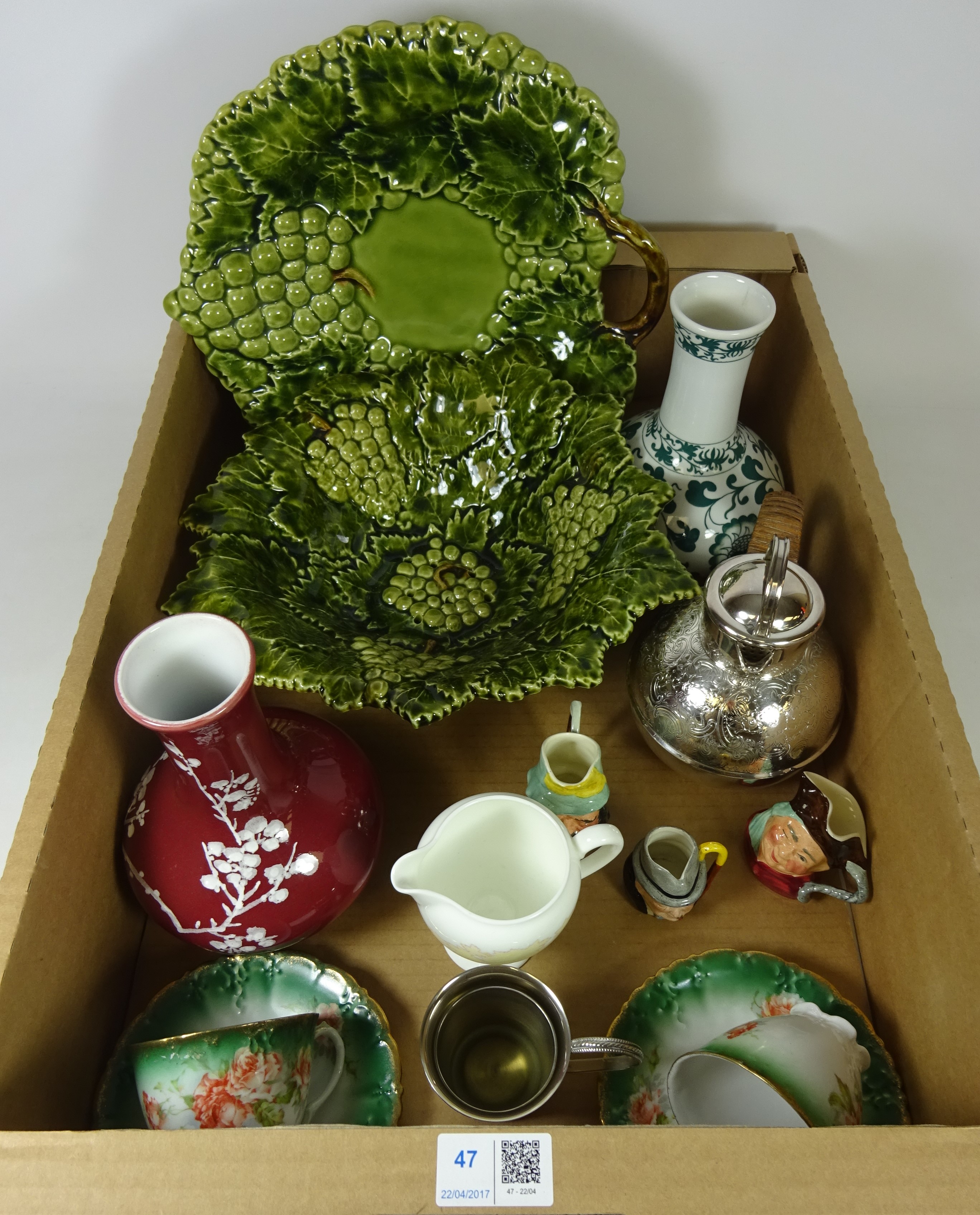 Majolica salad bowl on stand, two hand painted Chinese vases, silver plate,