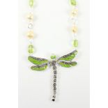 Peridot pearl and enamel dragonfly necklace stamped 925 Condition Report <a