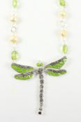 Peridot pearl and enamel dragonfly necklace stamped 925 Condition Report <a