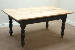 Farmhouse style dining table with reclaimed oak plank top on Victorian painted turned base,