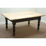 Farmhouse style dining table with reclaimed oak plank top on Victorian painted turned base,