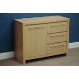 Next light oak finish side cabinet, single cupboard and three drawers, W96cm, H75cm,