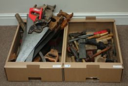 Two boxes of various vintage wood working tools - handsaws, chisels, axe, wood scribes etc...