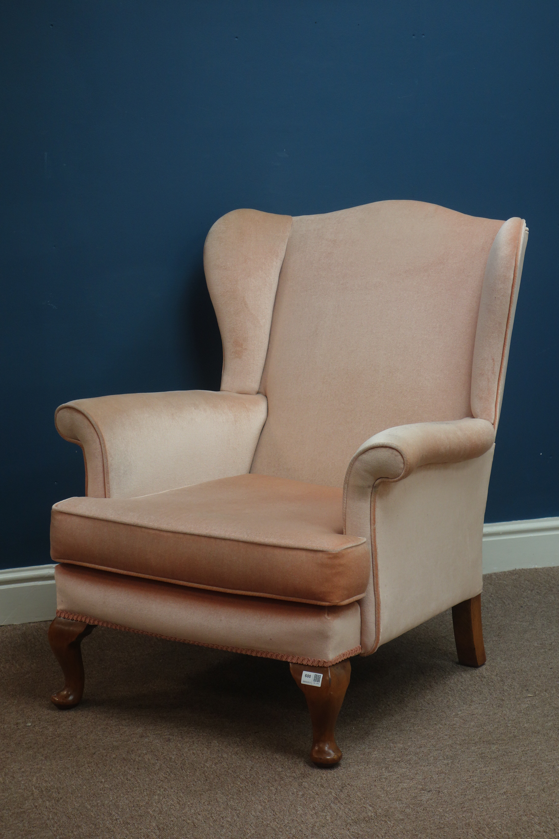 Mid 20th century walnut framed upholstered wingback armchair