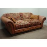 Tetrad Eastwood four seat sofa, leather upholstery with Kilim chenille loose cushions,