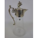 Victorian cut glass claret jug with silver plated mount,