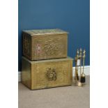 Two Brass slipper boxes and a brass fire companion stand Condition Report <a