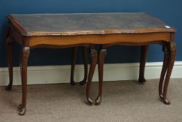 Reproduction walnut nest of three tables with inset glass top, 97cm x 47cm,