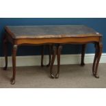 Reproduction walnut nest of three tables with inset glass top, 97cm x 47cm,