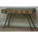 Retro industrial style pine and metal three drawer desk/console table, W121cm, H75cm,