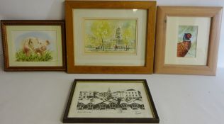 Pigs and Pheasant, pair watercolours signed and dated Jon Nichols, Old Market Square Nottingham,