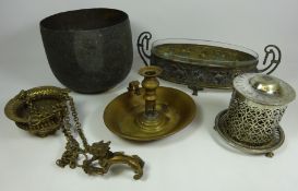 German Art Nouveau brass dish with glass liner, Indian brass vase,