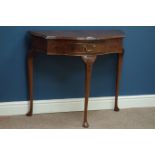 Reproduction shaped front walnut side table with drawer, W87cm, H76cm,