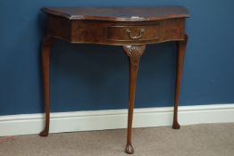 Reproduction shaped front walnut side table with drawer, W87cm, H76cm,