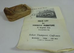 Robert 'Mouseman' Thompson ashtray with original product list from time of original purchase