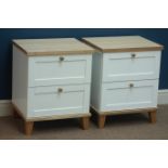 Pair painted two drawer bedside chests with ash tops, W46cm, H57cm,