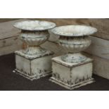 Pair rustic white finish Victorian style urns on bases, W48cm,