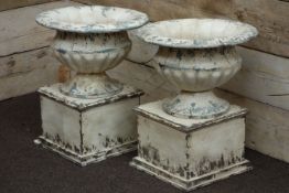 Pair rustic white finish Victorian style urns on bases, W48cm,