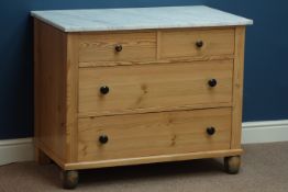 20th century polished pine washstand, two short and two long drawers with marble top, W95cm, H77cm,