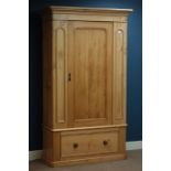 Victorian pine single wardrobe with drawer to base, W116cm, H199cm,