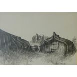 Boat Huts at Lindisfarne, pencil sketch signed and dated by Fred Williams '84,