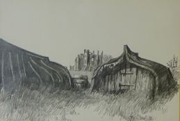 Boat Huts at Lindisfarne, pencil sketch signed and dated by Fred Williams '84,