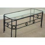 Wrought metal and glass top coffee table, 102cm x 43cm,
