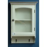 Small painted wall hanging cabinet, single glazed door, with two hooks, W37cm, H55cm,